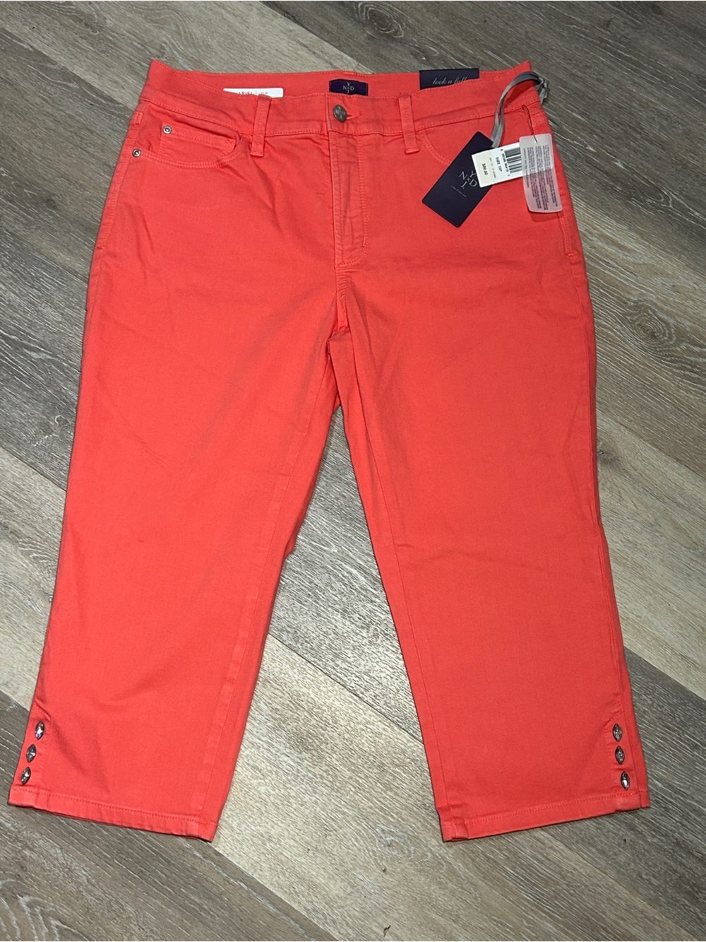 NYDJ Ariel Crop Pants 10P Coral Pink Rhinestone Hem Lift Tuck NWT $88